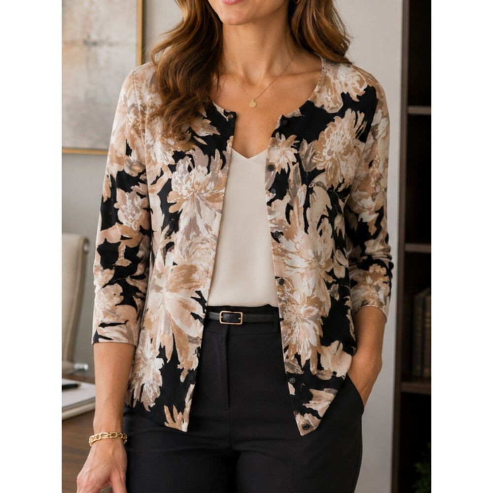 Isaac Mizrahi Live Floral Cardigan Sweater Large Black Beige Button Front Soft
